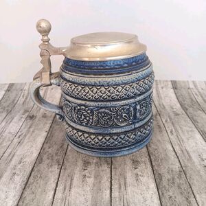 Vintage Gerz W Germany Lidded Beer Stein Cobalt Blue Lion Relief Stoneware...